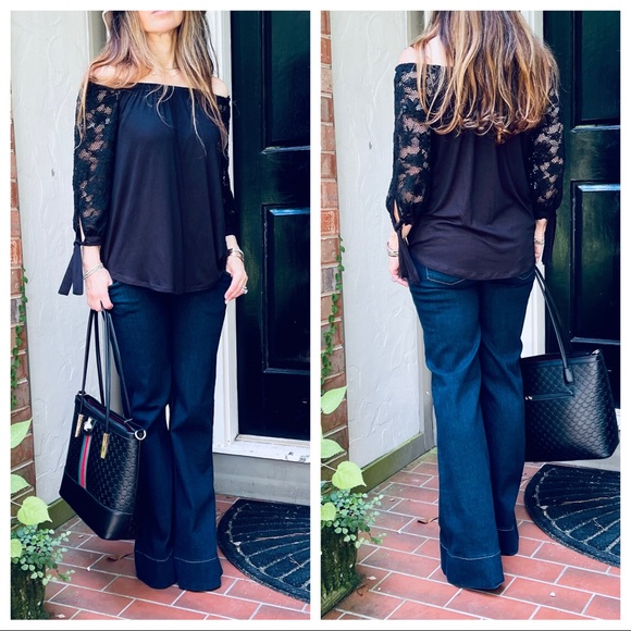 Off the shoulder lace sleeves round hem tunic top - Picture 2 of 3